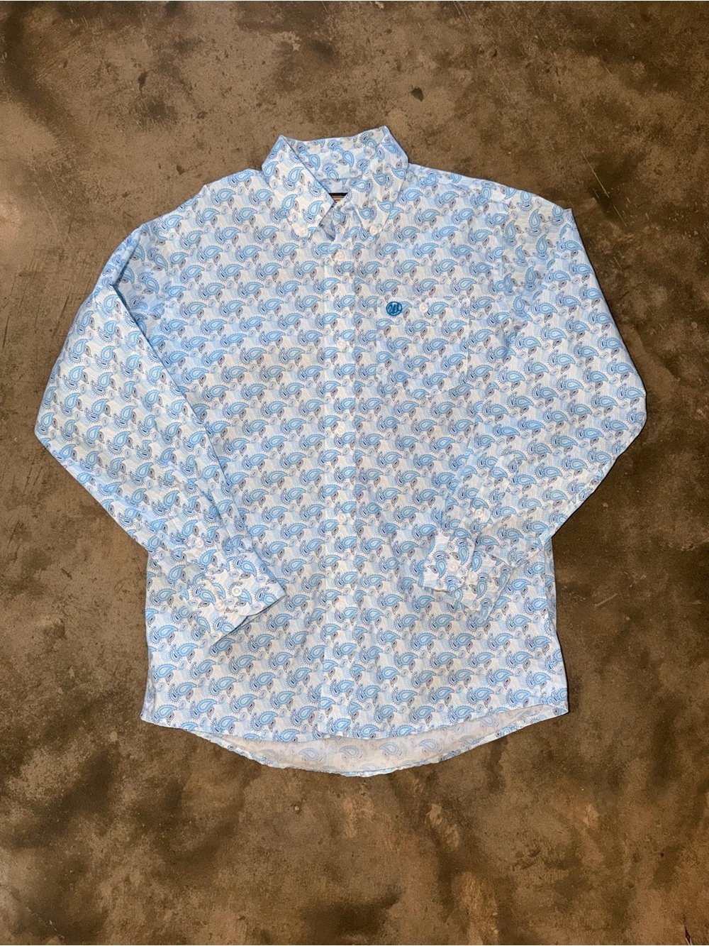 Wrangler Boys L Western Paisley Button Down Shirt Blue Rodeo Cotton Blend